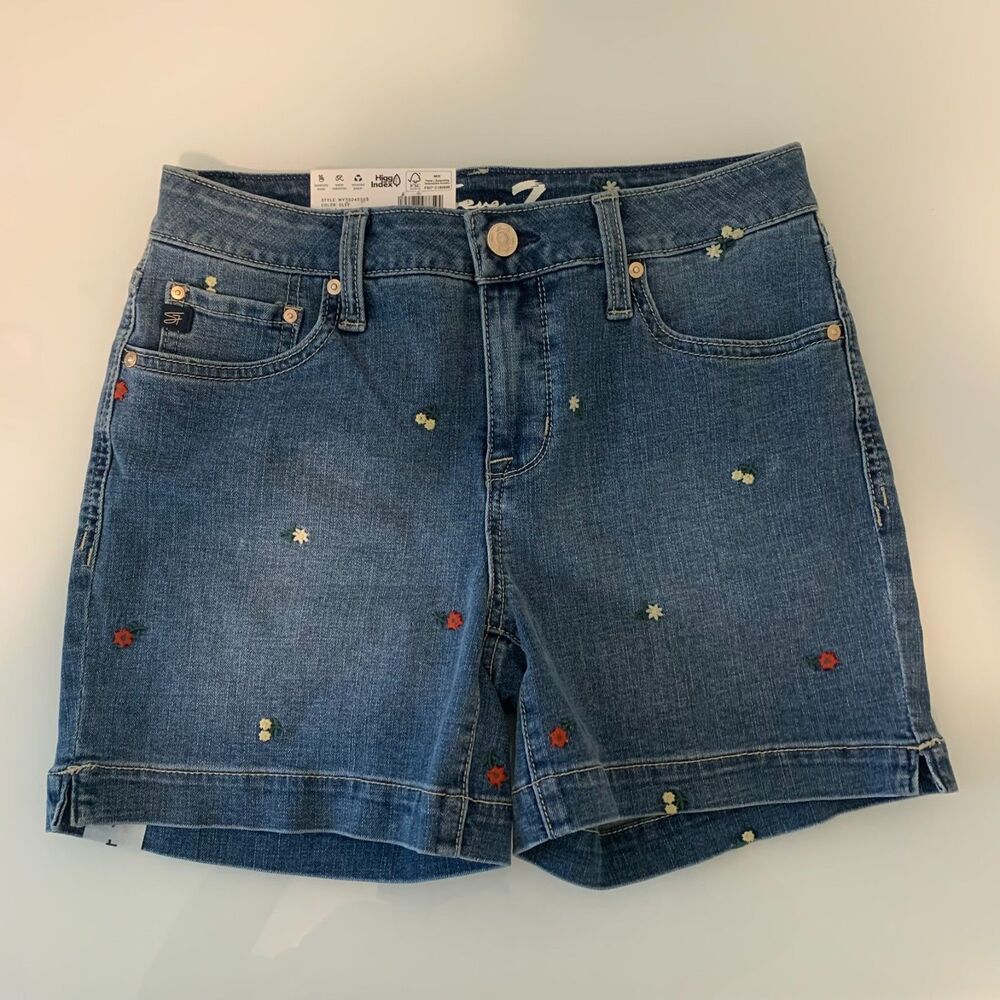 Seven7 Women's Denim Shorts Floral Embroidered Mid Rise Blue Jean‎ Shorts 4